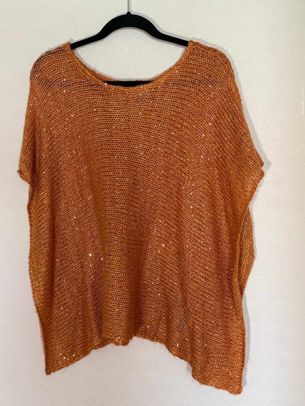 Orange Shimmer Open Knit Poncho Sweater Metallic Sequin Boho Oversized One Size